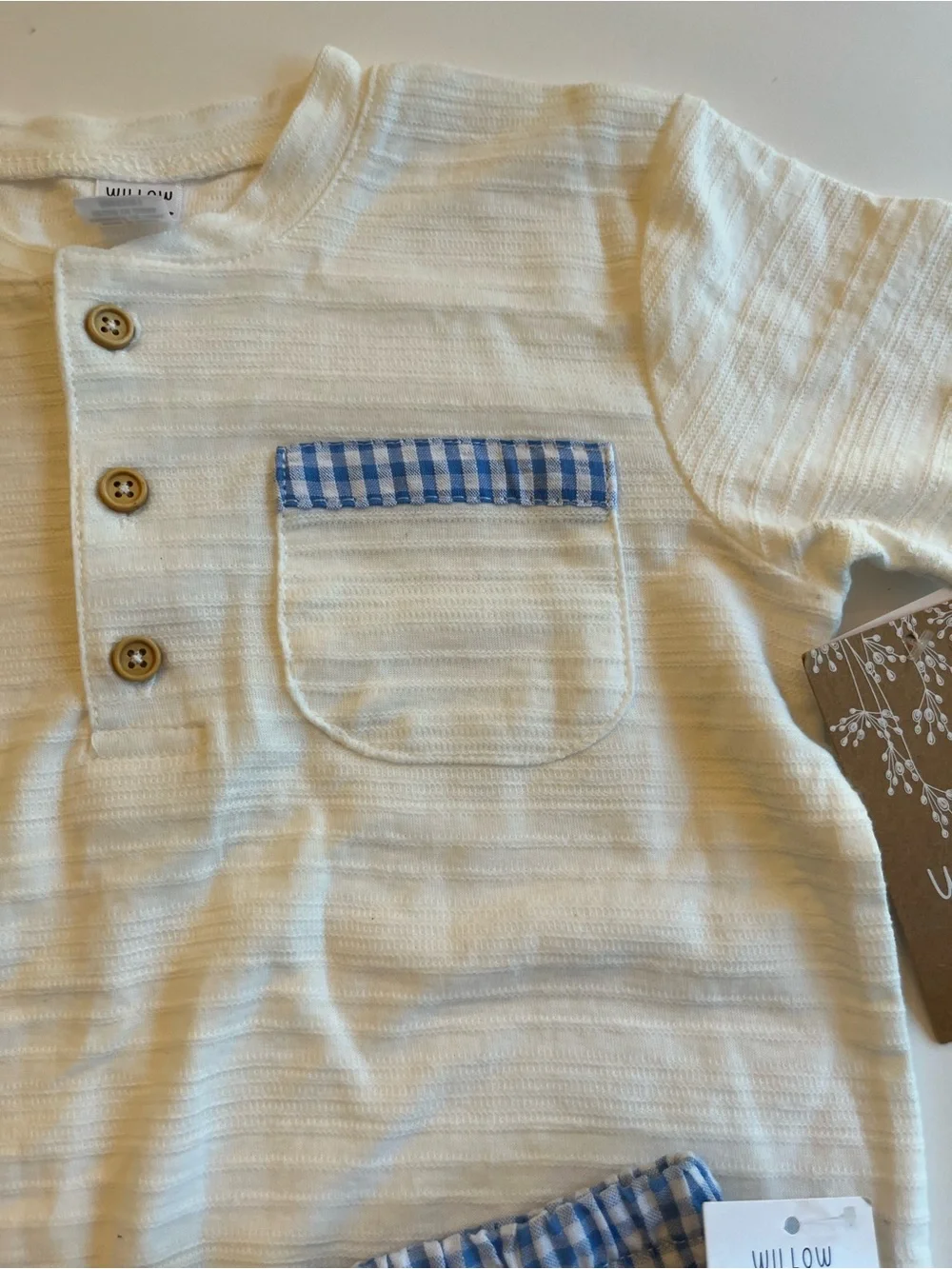 Cream Henley Top with Blue Gingham Shorts - Kids Matching Set
